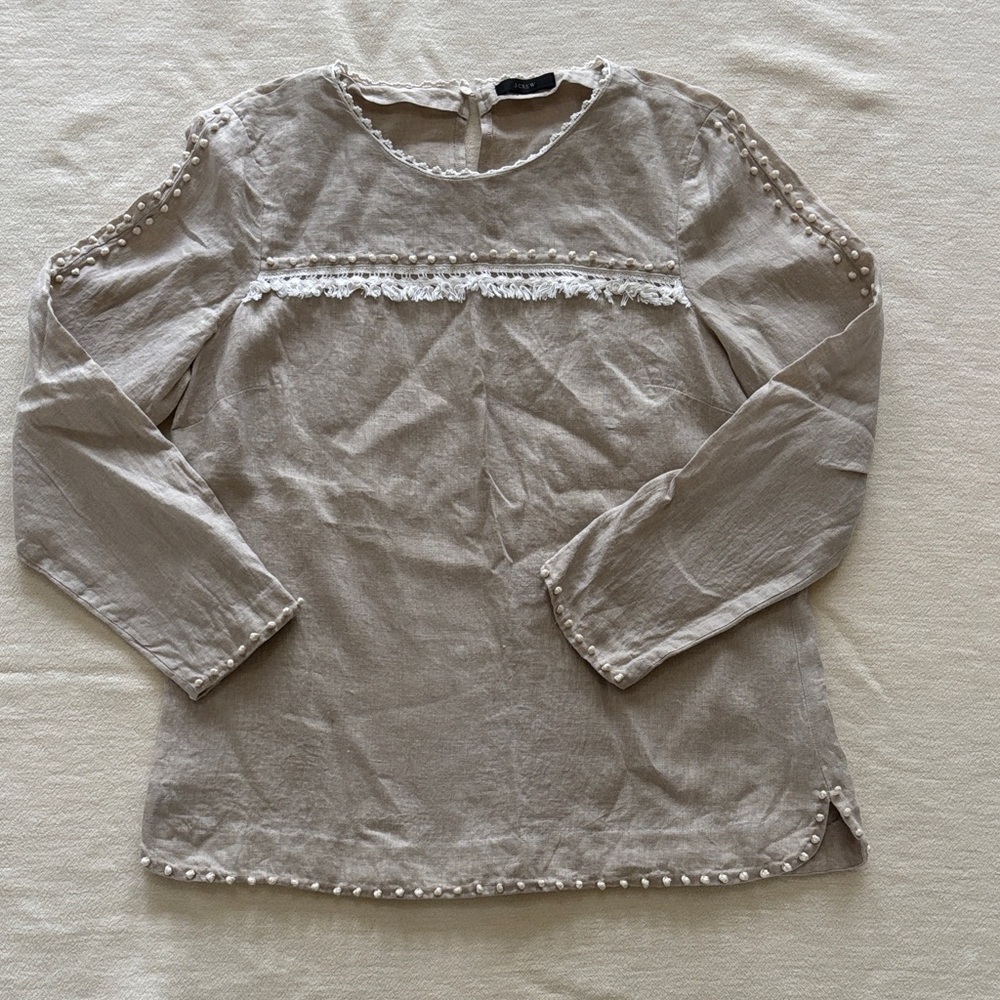 J. Crew Beige Blouse with Lace Trim size 8